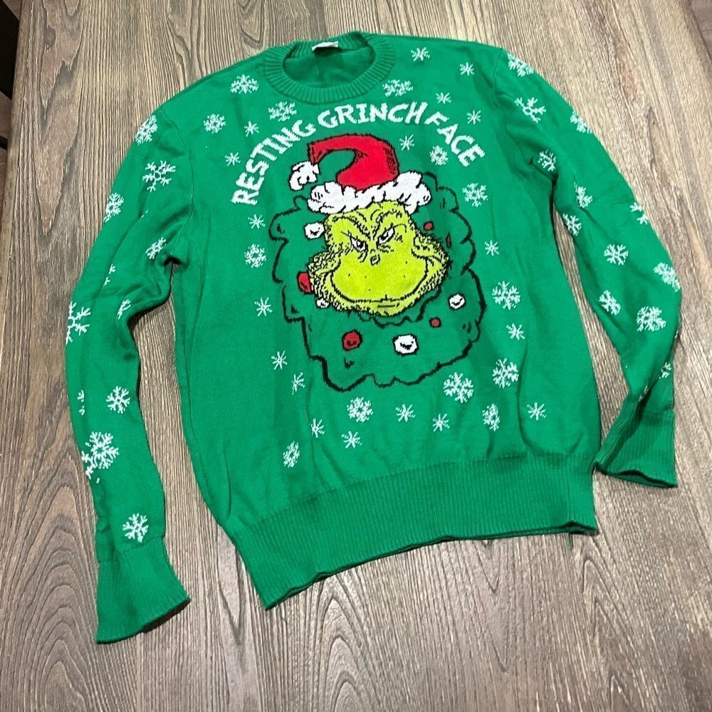 Dr. Seuss Grinch Resting Grinch Face Ugly Christmas Sweater Green Size XL